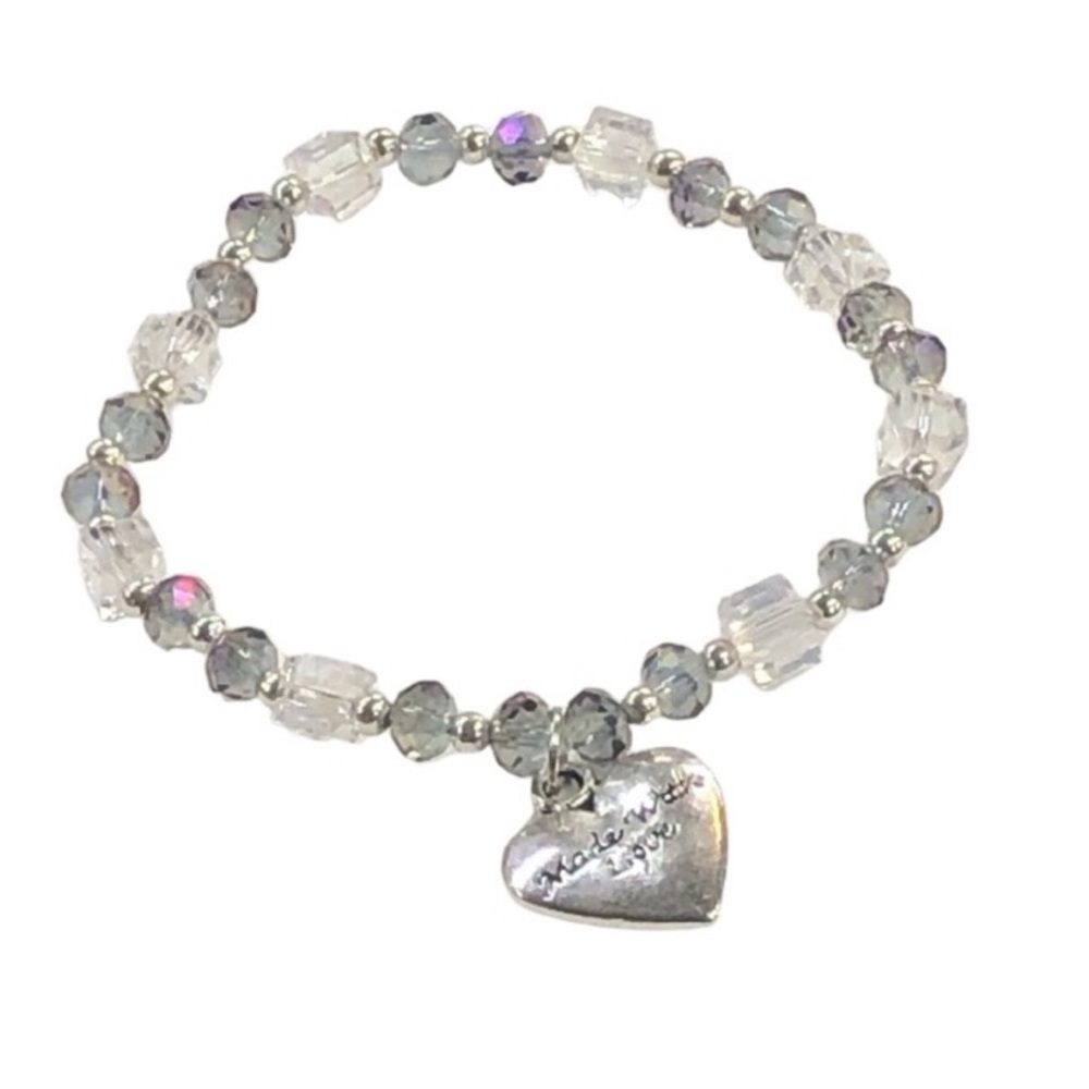 UNBRANDED Faceted CRYSTAL Glass BEAD Stretch Bracelet With Heart CHARM